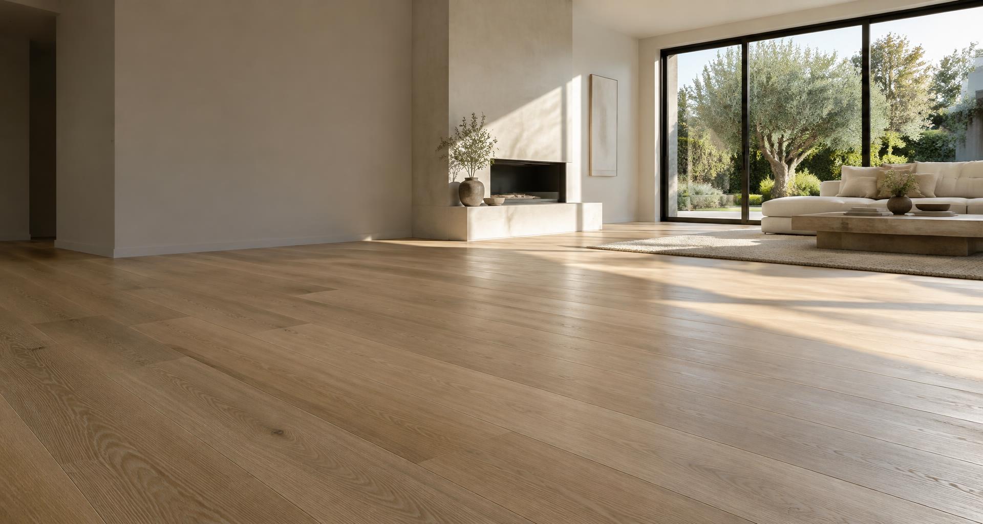 Wide-plank oak flooring in a sunlit contemporary home